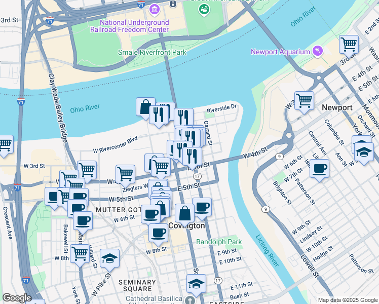 map of restaurants, bars, coffee shops, grocery stores, and more near 127 East 3rd Street in Covington