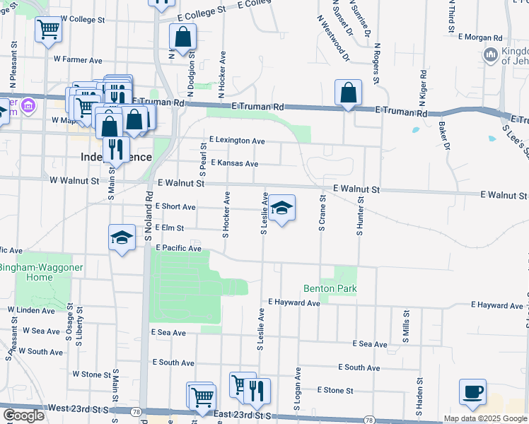 map of restaurants, bars, coffee shops, grocery stores, and more near 519 East Short Avenue in Independence