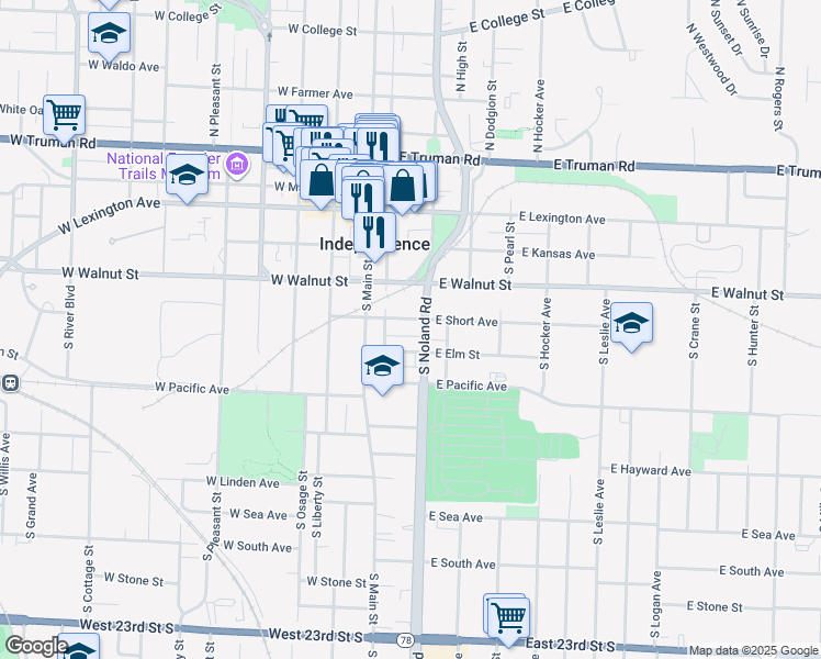map of restaurants, bars, coffee shops, grocery stores, and more near 125 East Short Avenue in Independence