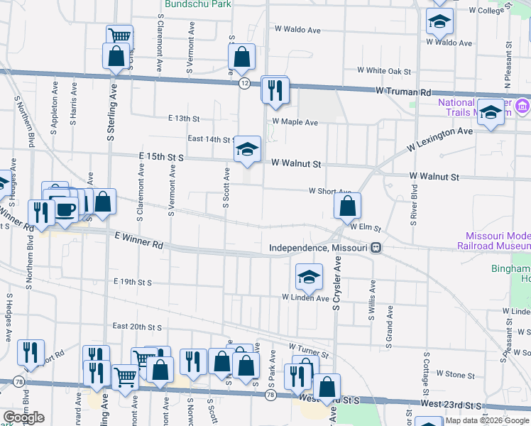 map of restaurants, bars, coffee shops, grocery stores, and more near 500 South Forest Avenue in Independence