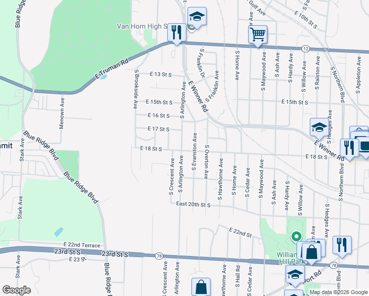 map of restaurants, bars, coffee shops, grocery stores, and more near 9620 East 18 Street South in Independence