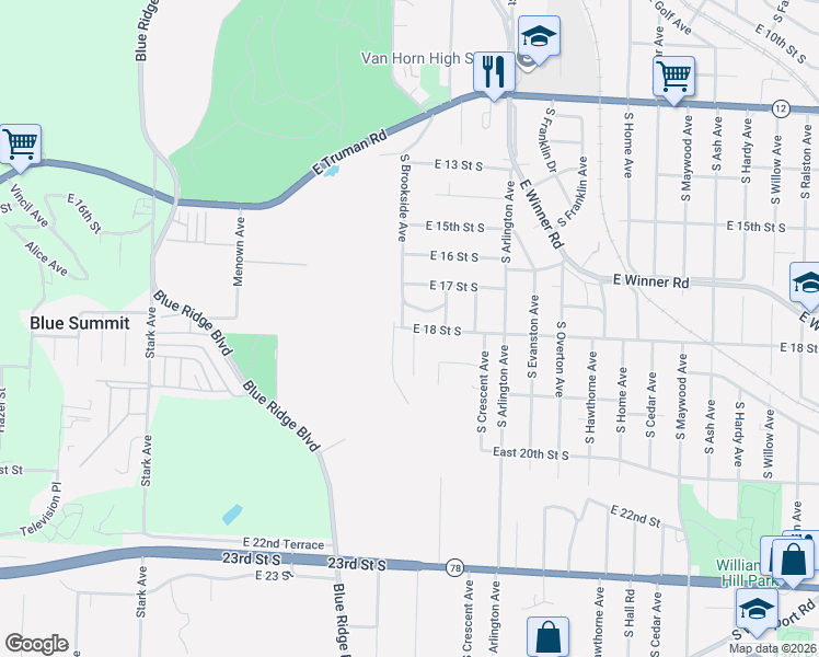 map of restaurants, bars, coffee shops, grocery stores, and more near 1800 South Brookside Avenue in Independence