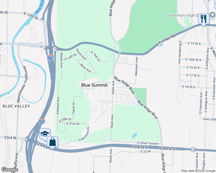 map of restaurants, bars, coffee shops, grocery stores, and more near 1707 Bryan Avenue in Kansas City