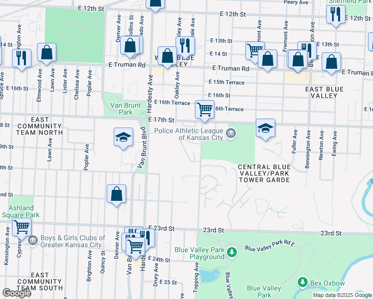 map of restaurants, bars, coffee shops, grocery stores, and more near 1764 Topping Avenue in Kansas City