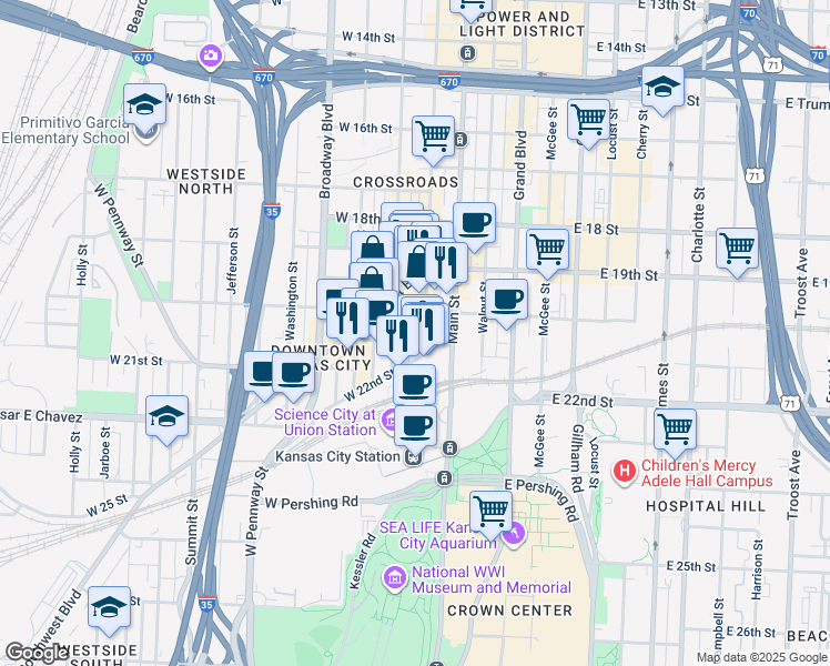 map of restaurants, bars, coffee shops, grocery stores, and more near 2017 Wyandotte Street in Kansas City