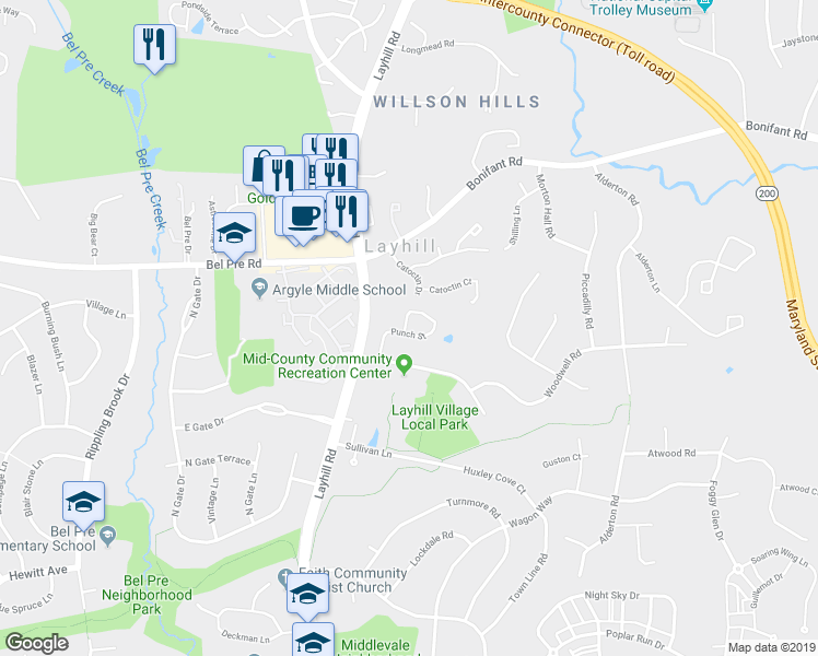 map of restaurants, bars, coffee shops, grocery stores, and more near 14116 Punch Street in Silver Spring