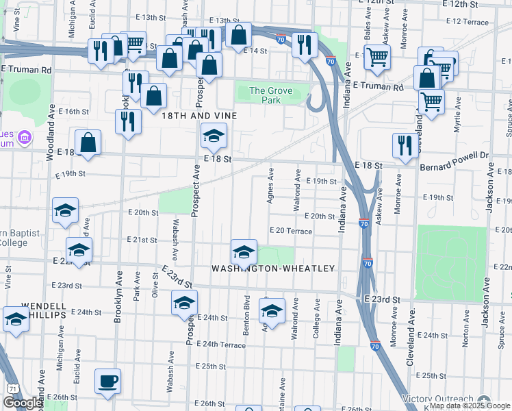 map of restaurants, bars, coffee shops, grocery stores, and more near 1911 Kansas Avenue in Kansas City