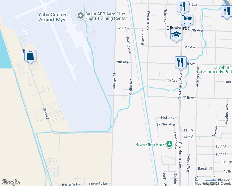 map of restaurants, bars, coffee shops, grocery stores, and more near 4649 Arboga Road in Olivehurst