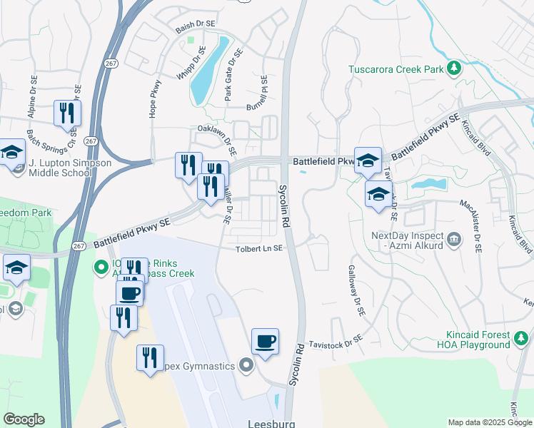 map of restaurants, bars, coffee shops, grocery stores, and more near 445 Heartleaf Terrace Southeast in Leesburg