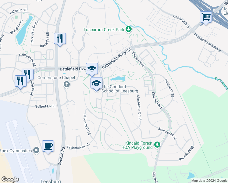 map of restaurants, bars, coffee shops, grocery stores, and more near 614 Springhouse Square Southeast in Leesburg