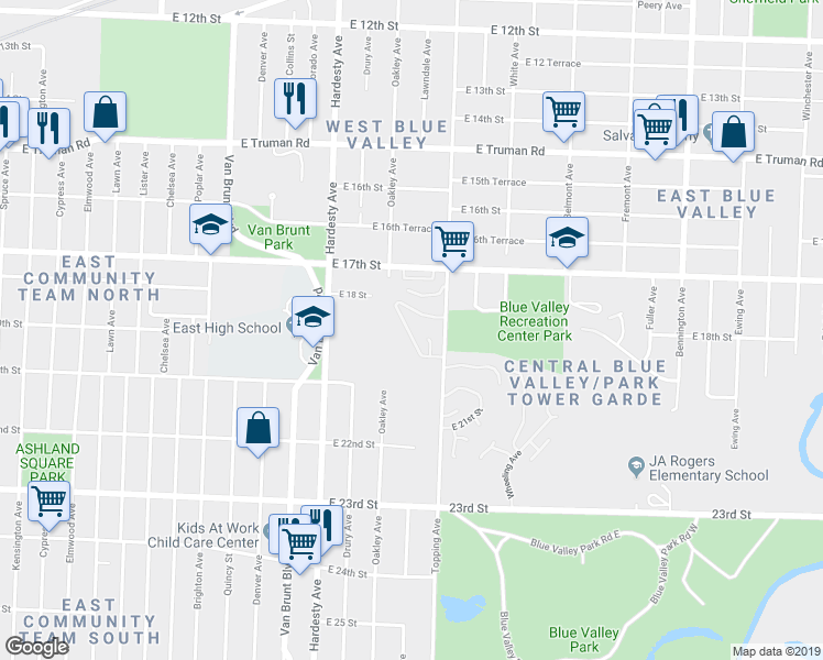map of restaurants, bars, coffee shops, grocery stores, and more near 1764 Topping Avenue in Kansas City