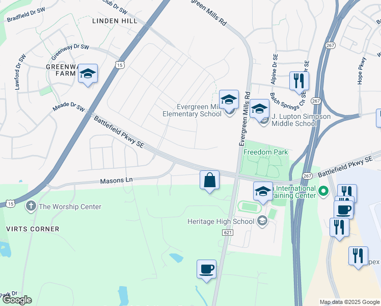 map of restaurants, bars, coffee shops, grocery stores, and more near 1212 Athena Drive Southeast in Leesburg