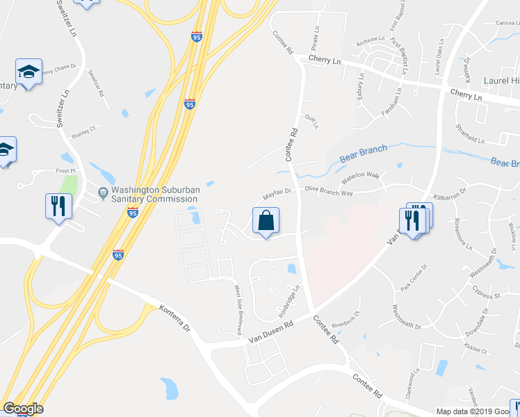 map of restaurants, bars, coffee shops, grocery stores, and more near 14415 Mayfair Drive in Laurel