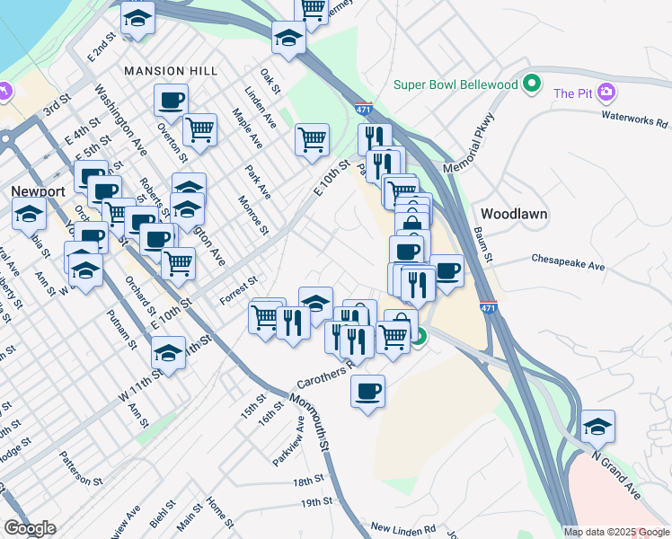 map of restaurants, bars, coffee shops, grocery stores, and more near 1112 Park Avenue in Newport