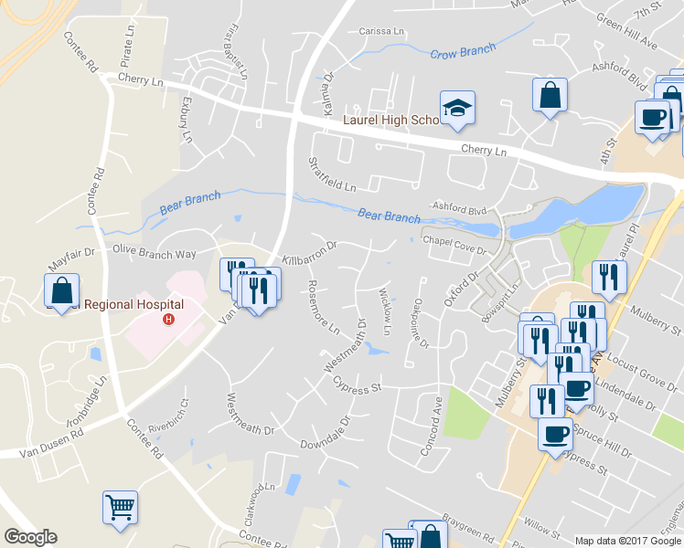 map of restaurants, bars, coffee shops, grocery stores, and more near 7705 Down Court in Laurel