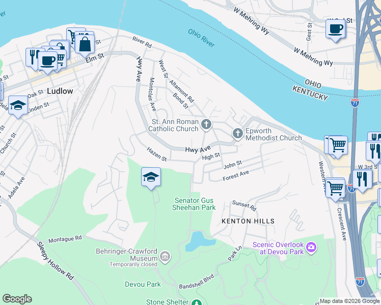 map of restaurants, bars, coffee shops, grocery stores, and more near 1321 Highway Avenue in Covington