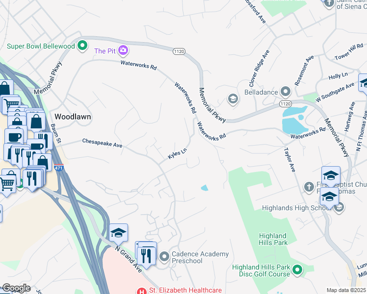 map of restaurants, bars, coffee shops, grocery stores, and more near 53 Kyles Lane in Fort Thomas