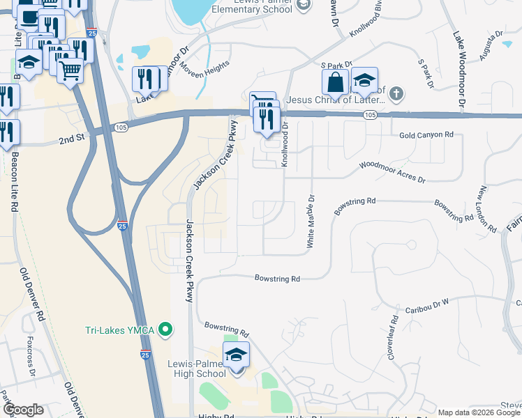 map of restaurants, bars, coffee shops, grocery stores, and more near 17636 Quarry Way in Monument