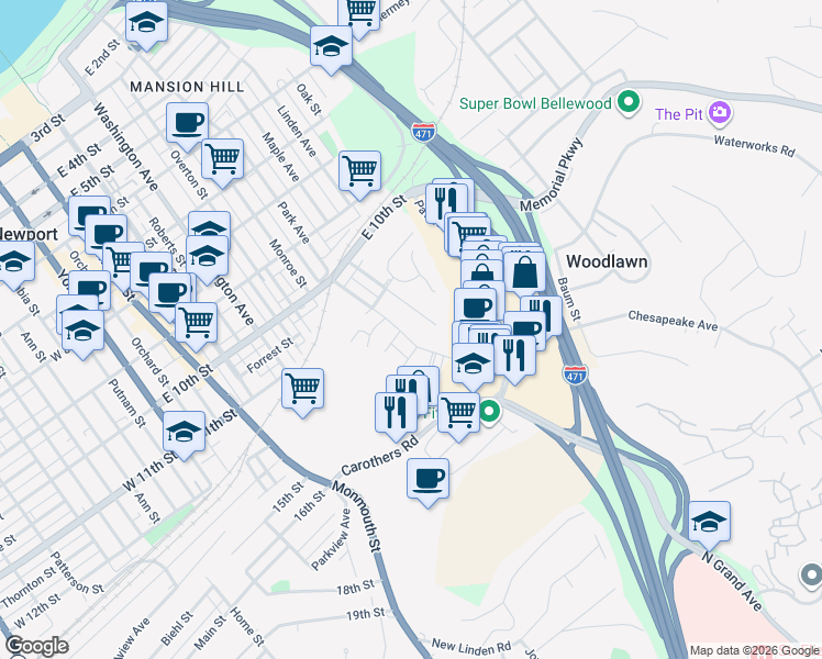 map of restaurants, bars, coffee shops, grocery stores, and more near 1144 Vine Street in Newport