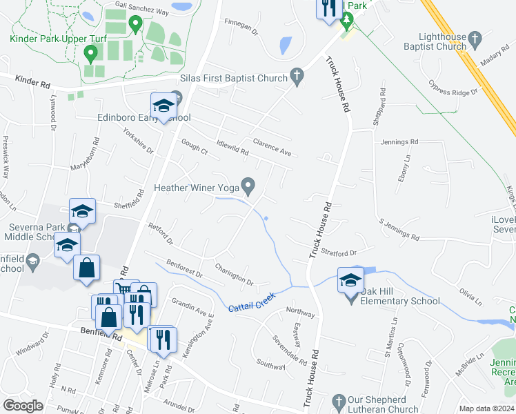 map of restaurants, bars, coffee shops, grocery stores, and more near 445 Retford Drive in Severna Park