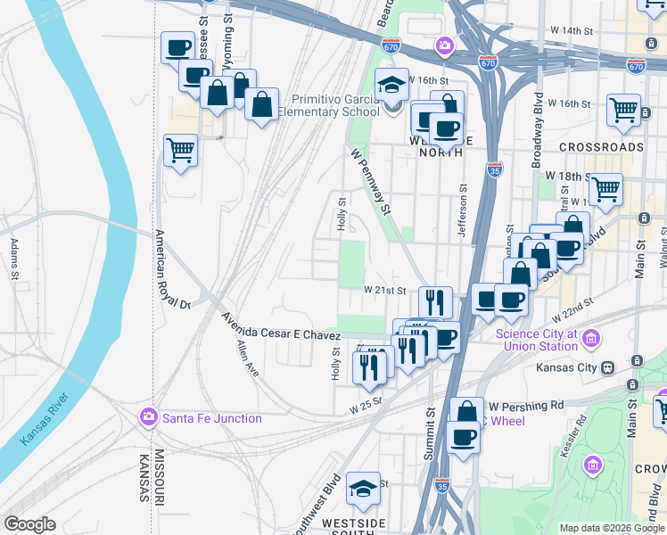 map of restaurants, bars, coffee shops, grocery stores, and more near 1213 West 20th Terrace in Kansas City