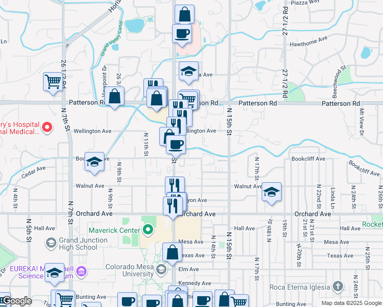 map of restaurants, bars, coffee shops, grocery stores, and more near 1250 Bookcliff Avenue in Grand Junction