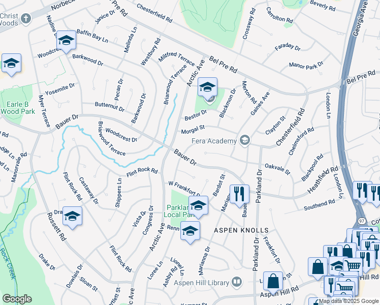 map of restaurants, bars, coffee shops, grocery stores, and more near 14303 Brad Drive in Rockville