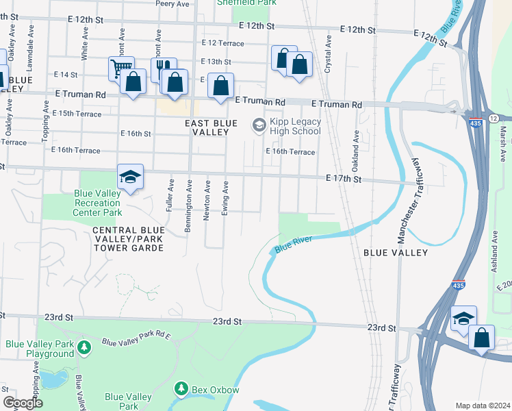 map of restaurants, bars, coffee shops, grocery stores, and more near 1738 Winchester Avenue in Kansas City
