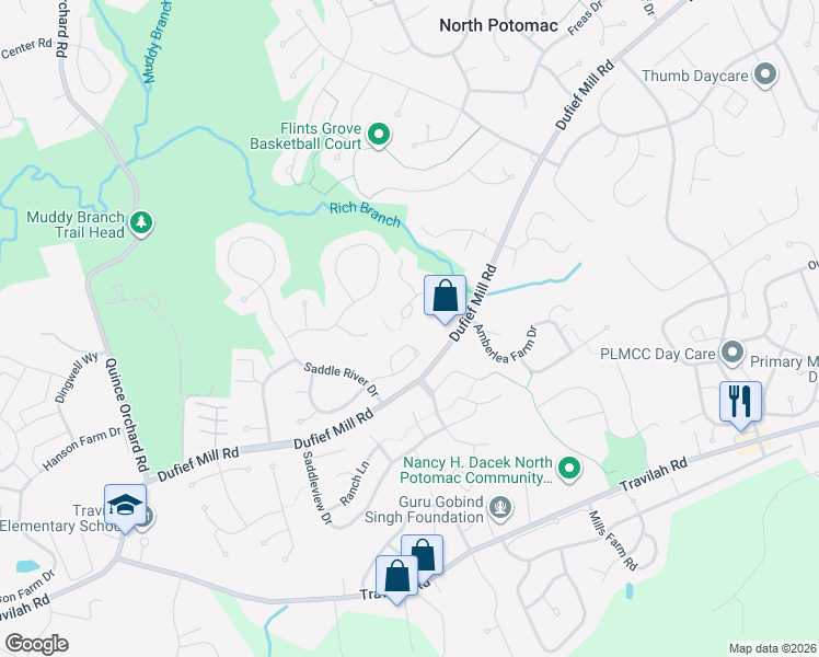 map of restaurants, bars, coffee shops, grocery stores, and more near 11632 Pleasant Meadow Drive in North Potomac
