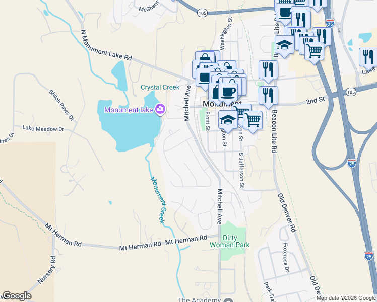 map of restaurants, bars, coffee shops, grocery stores, and more near 17732 Leisure Lake Drive in Monument