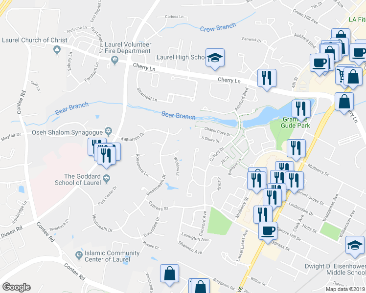 map of restaurants, bars, coffee shops, grocery stores, and more near 7814 Kilcroney Ct in Laurel