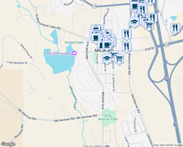 map of restaurants, bars, coffee shops, grocery stores, and more near 17732 Leisure Lake Drive in Monument