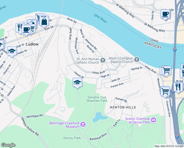 map of restaurants, bars, coffee shops, grocery stores, and more near 1321 Highway Avenue in Covington