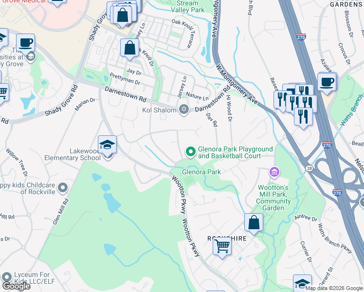 map of restaurants, bars, coffee shops, grocery stores, and more near 2893 Balmoral Drive in Rockville