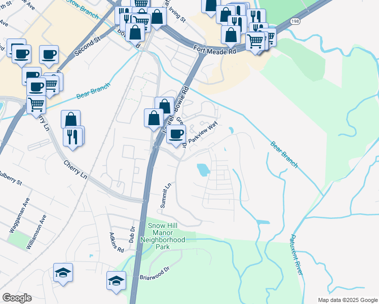 map of restaurants, bars, coffee shops, grocery stores, and more near 9302 Player Drive in Laurel
