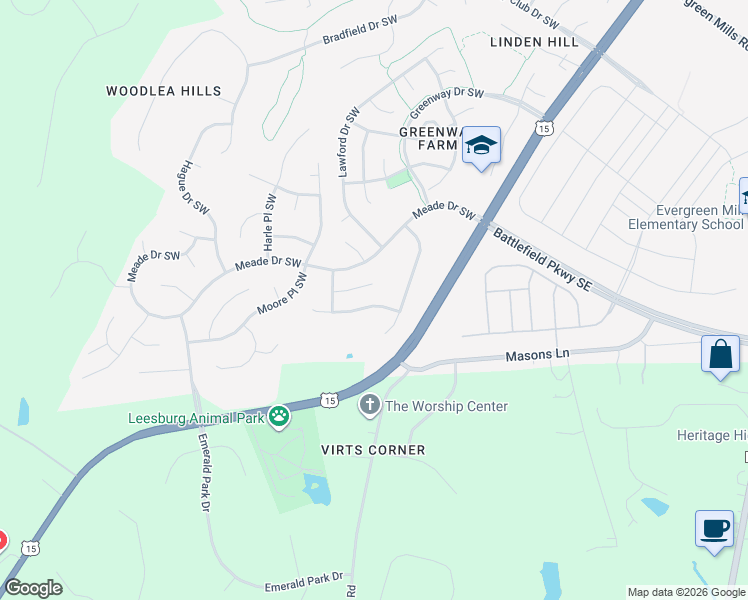 map of restaurants, bars, coffee shops, grocery stores, and more near 104 Cedargrove Place Southwest in Leesburg