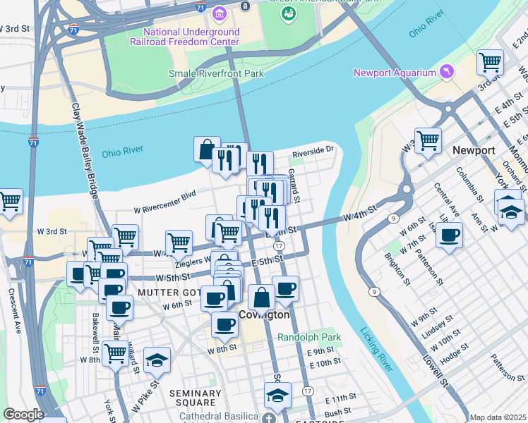 map of restaurants, bars, coffee shops, grocery stores, and more near 127 East 3rd Street in Covington