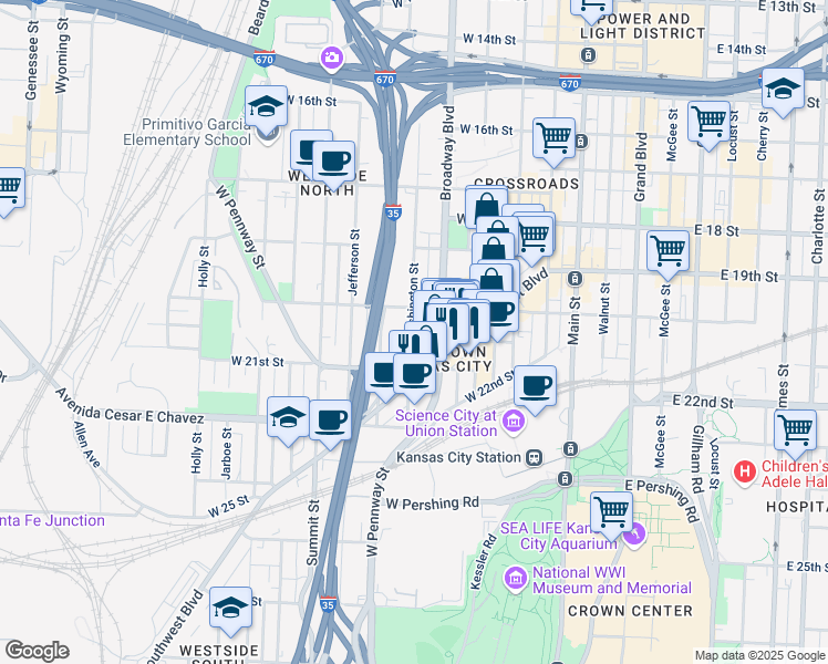 map of restaurants, bars, coffee shops, grocery stores, and more near 2021 Washington Street in Kansas City
