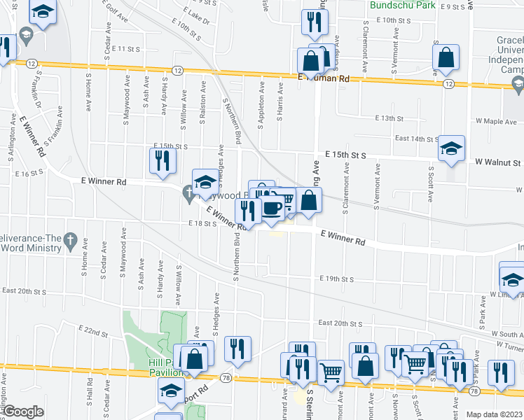 map of restaurants, bars, coffee shops, grocery stores, and more near 1711 South Appleton Avenue in Independence