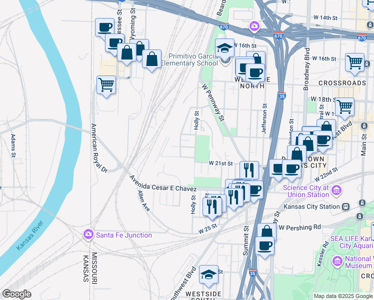 map of restaurants, bars, coffee shops, grocery stores, and more near 1213 West 20th Terrace in Kansas City