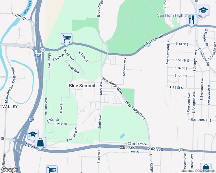 map of restaurants, bars, coffee shops, grocery stores, and more near 1812 Hunter Avenue in Kansas City