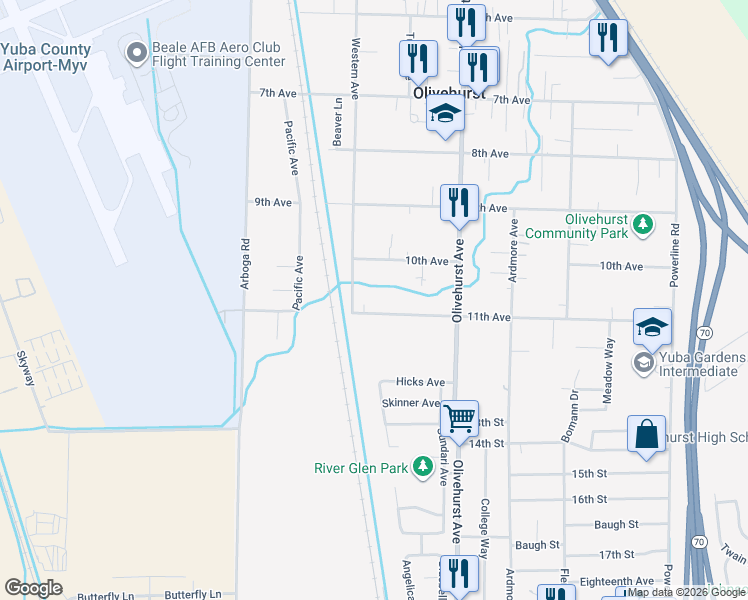 map of restaurants, bars, coffee shops, grocery stores, and more near 1653 11th Avenue in Olivehurst