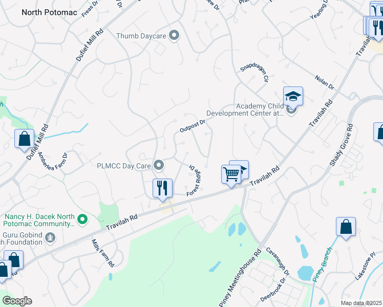 map of restaurants, bars, coffee shops, grocery stores, and more near 14207 Silent Wood Way in North Potomac
