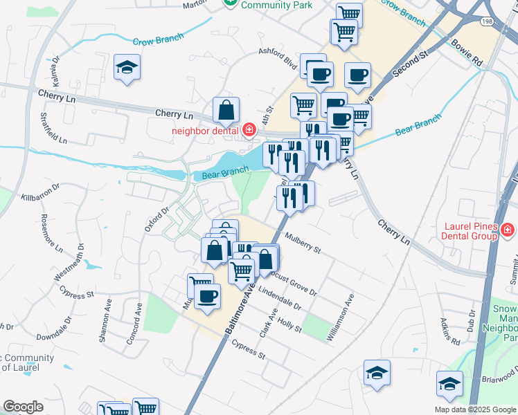 map of restaurants, bars, coffee shops, grocery stores, and more near 14402 Laurel Place in Laurel