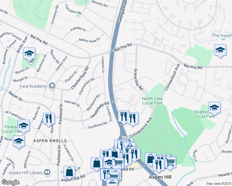 map of restaurants, bars, coffee shops, grocery stores, and more near 4105 Postgate Terrace in Aspen Hill
