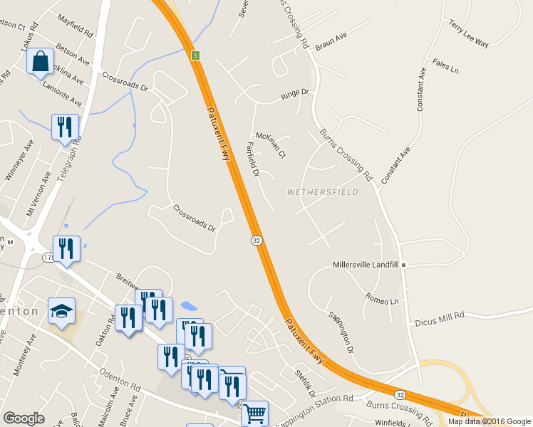 map of restaurants, bars, coffee shops, grocery stores, and more near 354 Fairfield Drive in Severn