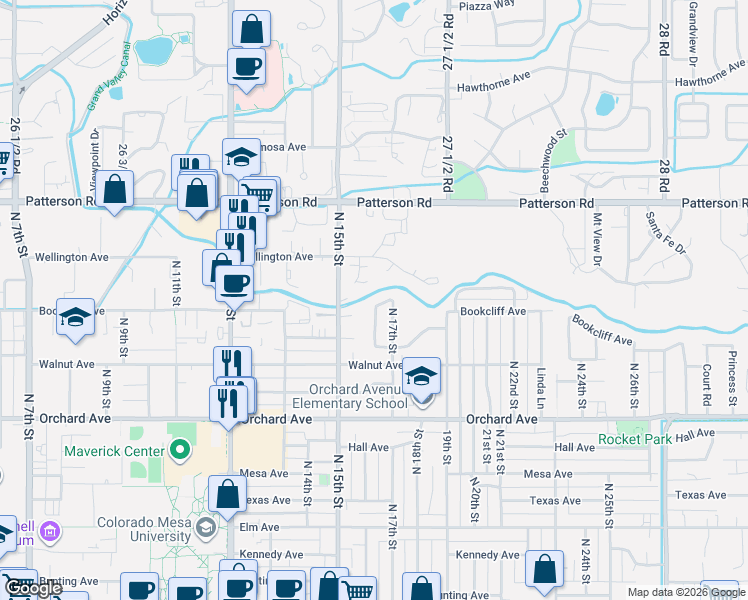 map of restaurants, bars, coffee shops, grocery stores, and more near 2301 North 17th Circle in Grand Junction