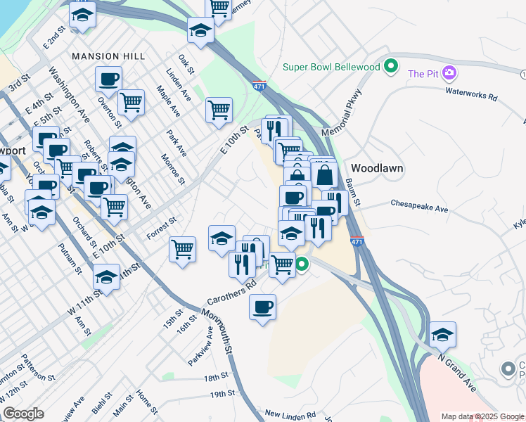 map of restaurants, bars, coffee shops, grocery stores, and more near 1144 Vine St in Newport