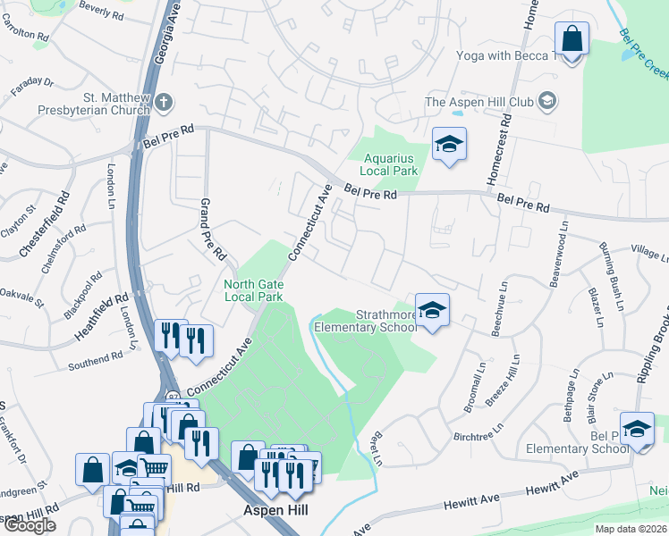 map of restaurants, bars, coffee shops, grocery stores, and more near 3901 Peppertree Lane in Silver Spring