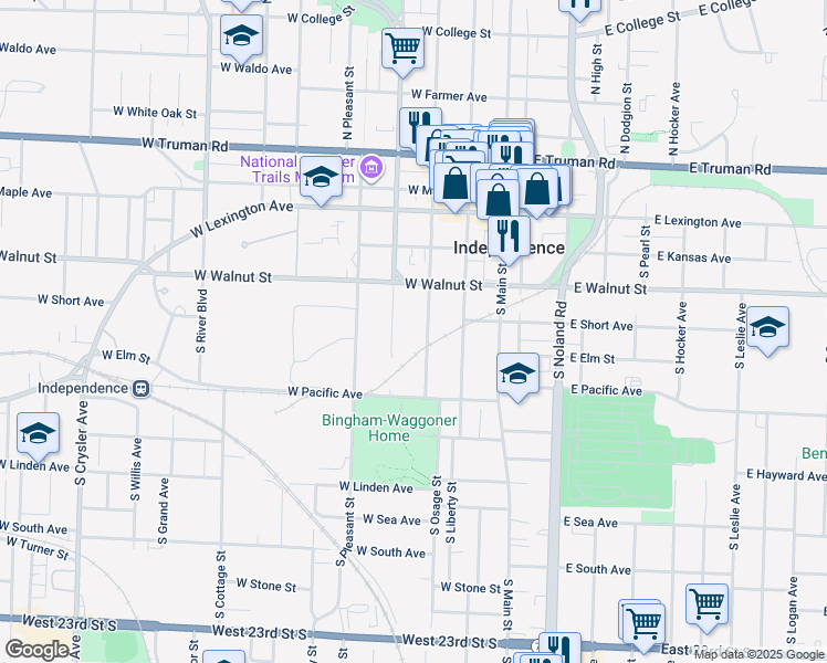 map of restaurants, bars, coffee shops, grocery stores, and more near 420 South Osage Street in Independence